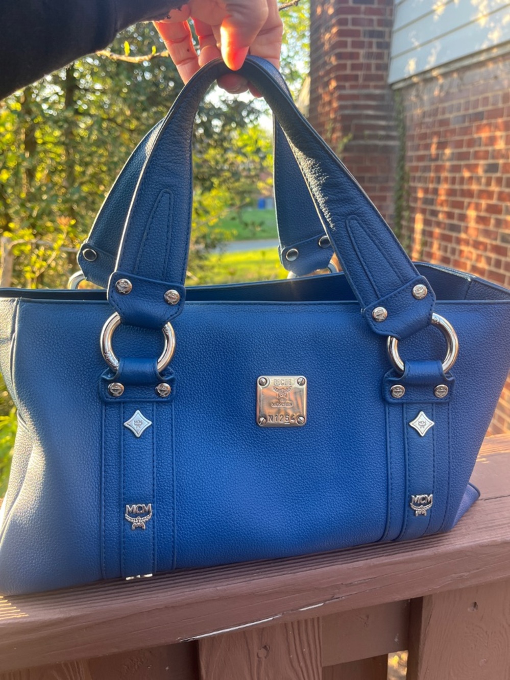 MCM  Blue Leather Satchel with Silver Hardware and end pockets